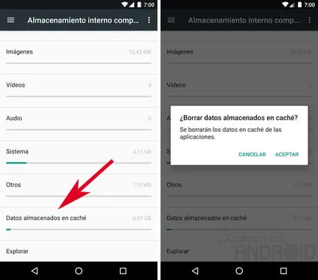 como borrar el cache en android para todas las aplicaciones