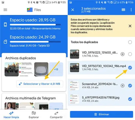 como eliminar archivos duplicados y liberar espacio de almacenamiento en android