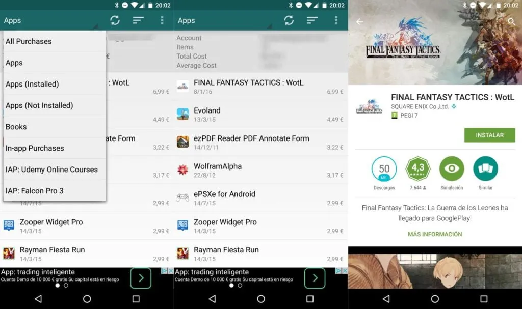 como encontrar una lista de todas las aplicaciones compradas para android en google play store