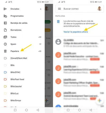 como vaciar la papelera en android