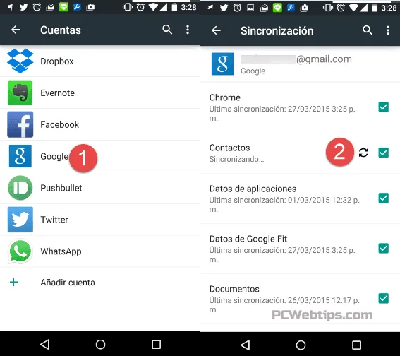 sincronizar contactos de android con google gmail