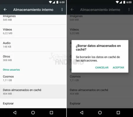 todas las formas de intentar liberar almacenamiento interno en android