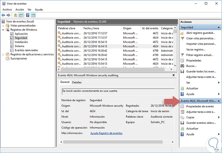 verifique la actividad de windows con el historial de eventos